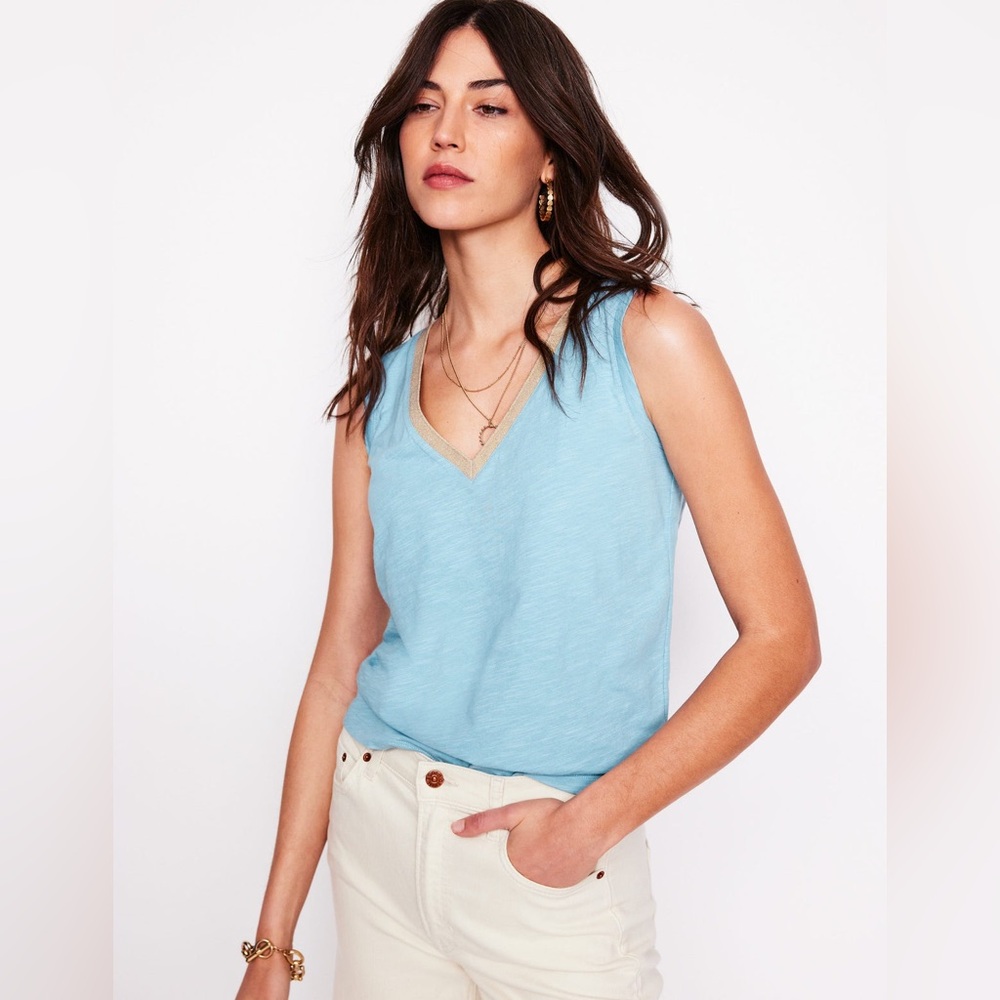 Boden Metallic Trim V Neck Shirt Vest in Soft Blue Size US 12 NWT